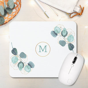 Tapis De Souris Élégant Monogramme moderne Eucalyptus Or