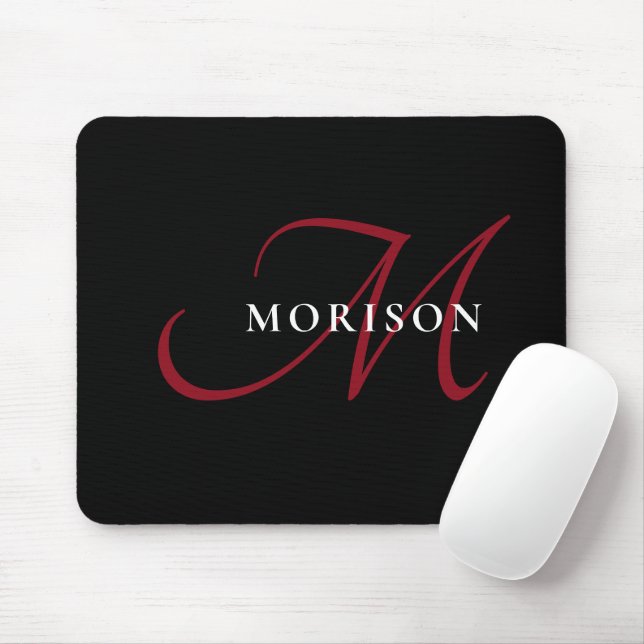 Tapis De Souris Élégant Monogramme moderne noir rouge (Avec souris)