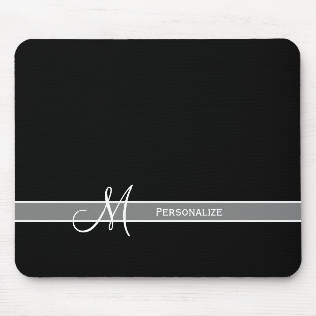 Tapis De Souris Élégant Monogramme noir et blanc avec nom (Devant)
