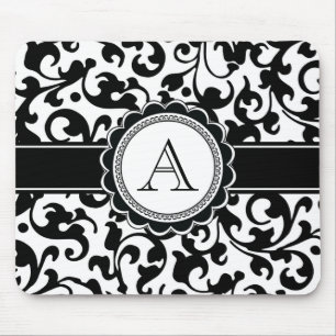 Tapis De Souris Élégant Monogramme Scroll Damask noir et blanc