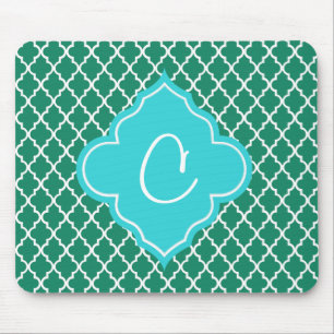 Tapis De Souris Élégant monogramme vert et turquoise de quatrefoil