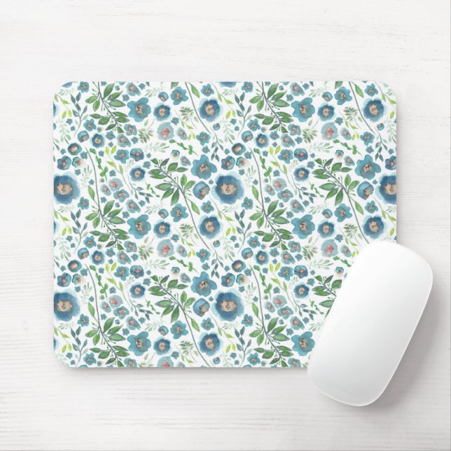 Tapis De Souris Elégant Motif d'aquarelle bleu-floral (Avec souris)