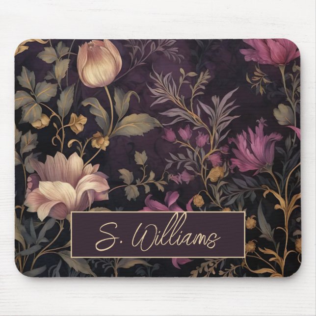 Tapis De Souris élégant motif de fleurs foncées avec nom (Devant)