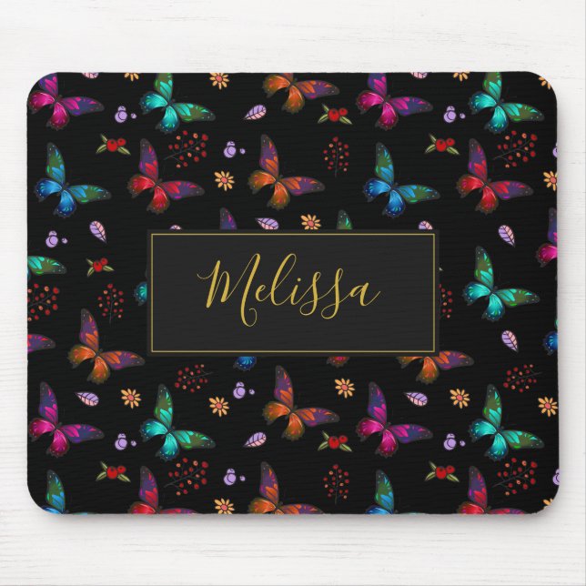 Tapis De Souris Élégant Motif de papillons colorés sur noir (Devant)