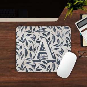 Tapis De Souris Élégant Motif feuille crème bleue Monogramme