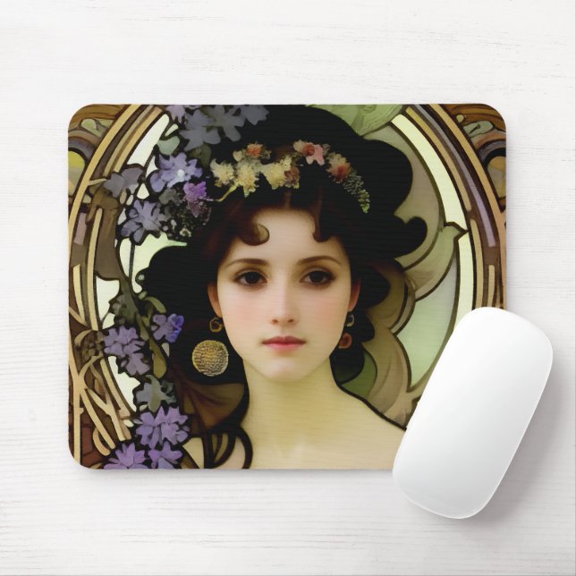 Tapis De Souris Elégant Mucha Style Portrait d'une belle femme (Avec souris)