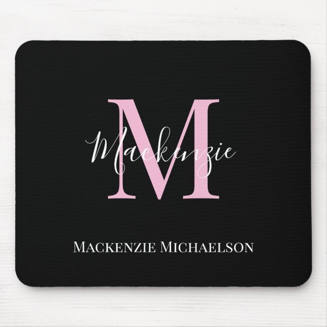 Tapis De Souris Élégant Noir Rose Personnalisé Nom Monogramme (Devant)
