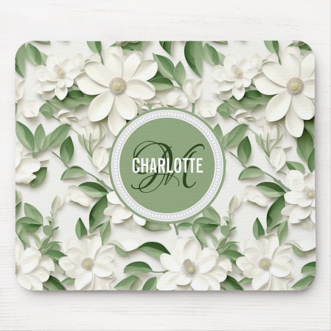 Tapis De Souris Élégant nom blanc magnolia monogrammé (Devant)