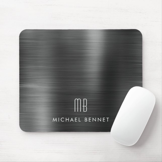 Tapis De Souris Élégant nom de monogramme en métal noir (Avec souris)