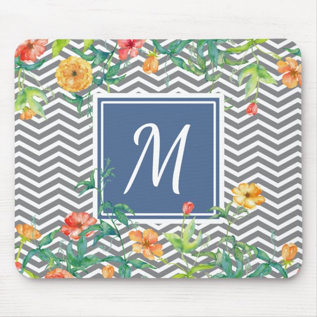 Tapis De Souris Élégant Orange Floral Chevron Chic Blue Monogram (Devant)