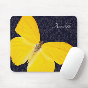 Tapis De Souris Elégant Papillon jaune Noir Damas Ajouter un nom
