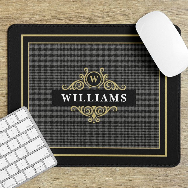 Tapis De Souris Élégant Plaid Glen Noir Or Monogramme (Créateur téléchargé)