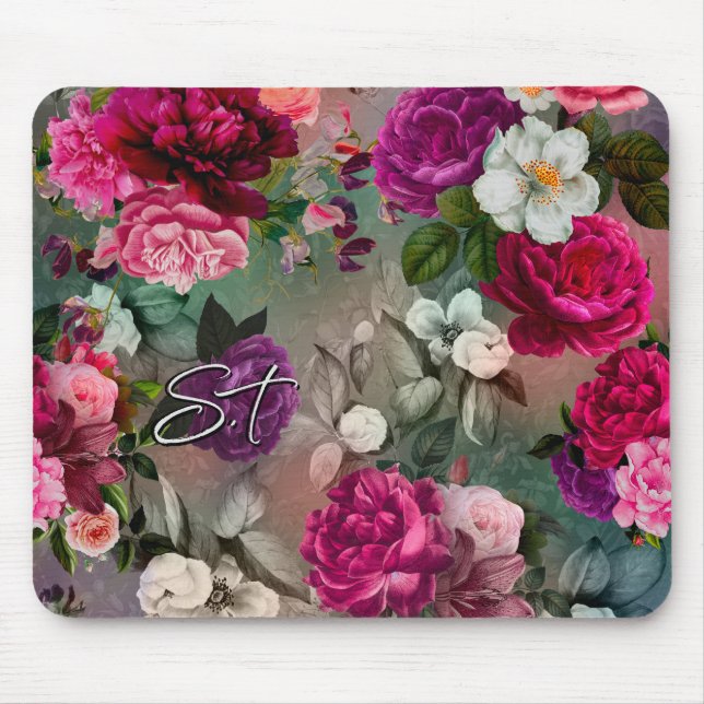 Tapis De Souris Élégant rose fleurs gris monogramme (Devant)