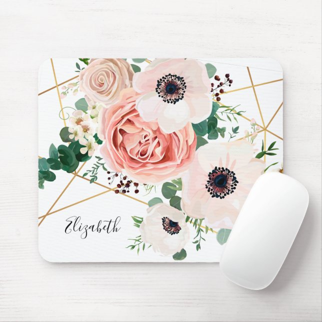 Tapis De Souris Elégant rose floral aquarelle Fleurs Botanique (Avec souris)