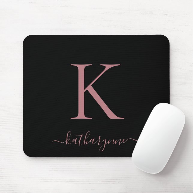 Tapis De Souris Élégant Rose moderne Monogramme or noir (Avec souris)
