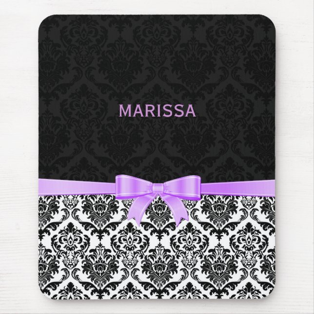 Tapis De Souris Élégant ruban lavande noir et blanc Damas 2 (Devant)