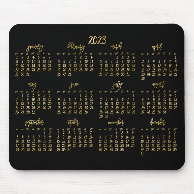 Tapis De Souris Élégant Script Black Et Faux Gold Calendrier 2023 (Devant)