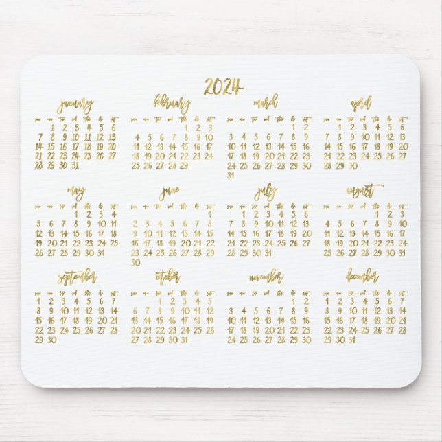Tapis De Souris Élégant Script Blanc Et Faux Gold Calendrier 2024 (Devant)