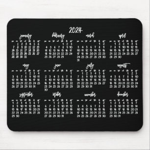 Tapis De Souris Élégant Script Calendrier noir et blanc 2024