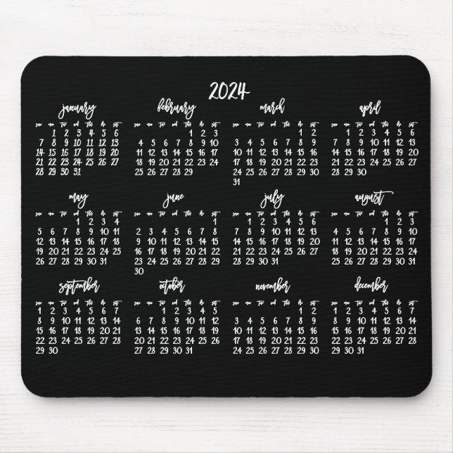 Tapis De Souris Élégant Script Calendrier noir et blanc 2024 (Devant)