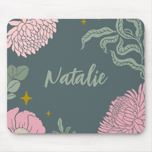 Tapis De Souris Élégant script monogramme vert olive vert rose flo (Devant)