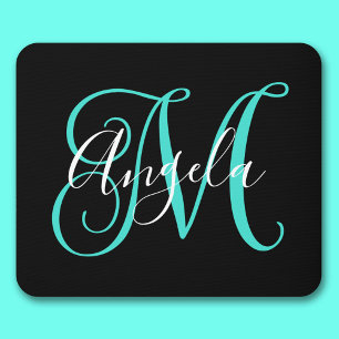 Tapis De Souris Élégant Script noir blanc et turquoise Monogramme