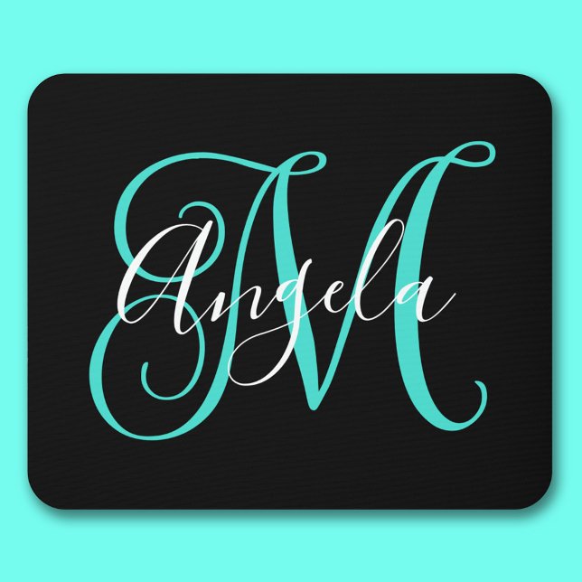 Tapis De Souris Élégant Script noir blanc et turquoise Monogramme (Elegant Script Black White and Turquoise Monogram Mouse Pad)