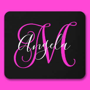 Tapis De Souris Élégant Script noir blanc Hot Magenta Monogramme
