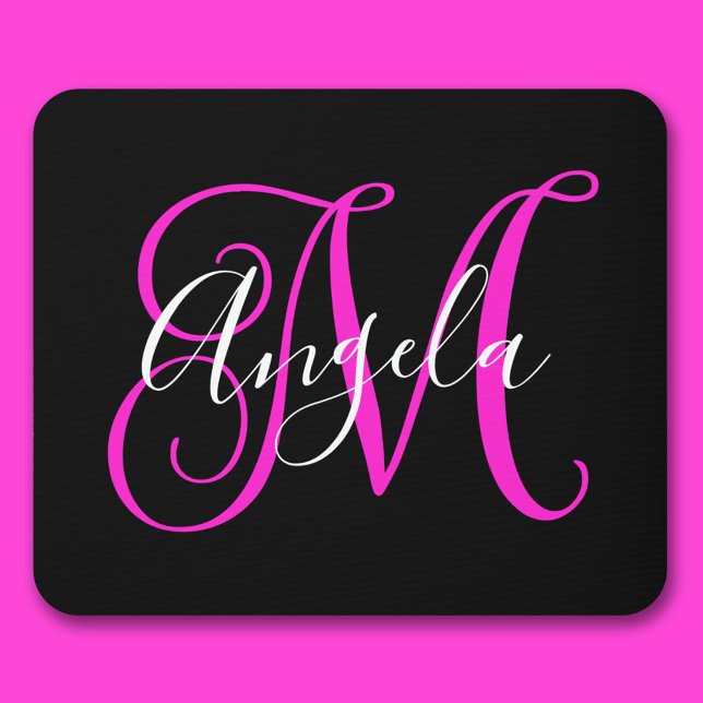 Tapis De Souris Élégant Script noir blanc Hot Magenta Monogramme (Elegant Script Black White Hot Magenta Monogram Mouse Pad)