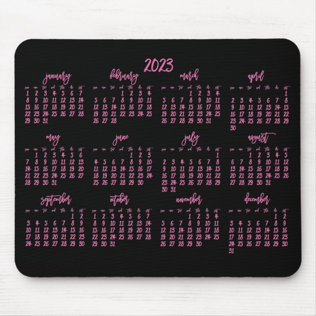 Tapis De Souris Élégant Script Noir Et Rose Calendrier 2023 (Devant)