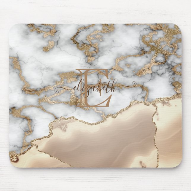 Tapis De Souris Élégant style doré pailleté crème marbre monogramm (Devant)