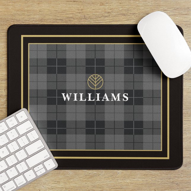 Tapis De Souris Élégant Tartan Noir Plaid Monogramme (Créateur téléchargé)