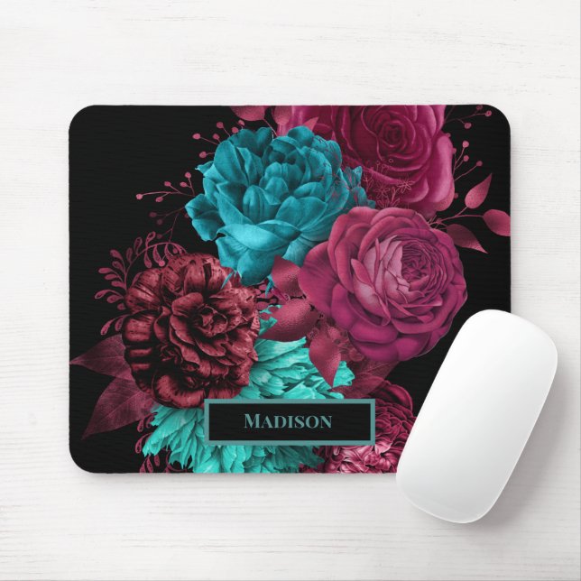 Tapis De Souris Élégant Turquoise Bourgogne Fleurs rouges Monogram (Avec souris)