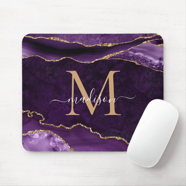 Tapis De Souris Élégant violet or étincelant Agate Géode Monogramm (Avec souris)