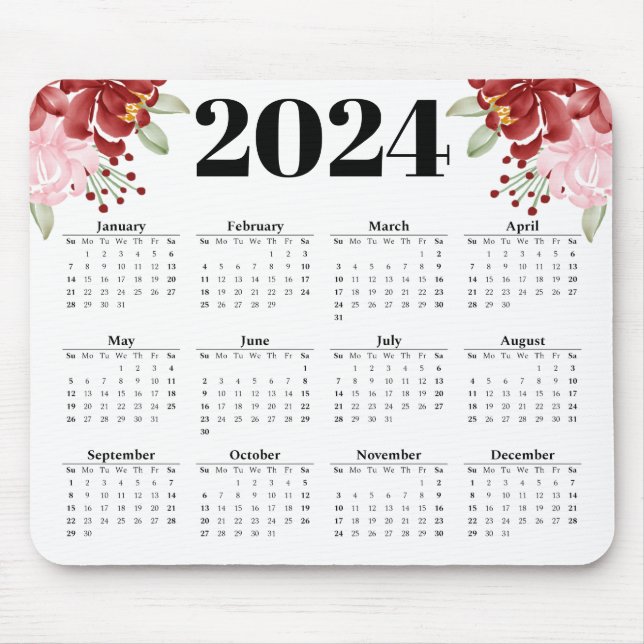 Tapis De Souris Elégante aquarelle florale blanche 2024 Calendrier (Devant)