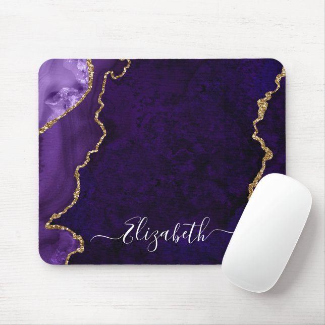 Tapis De Souris Elégante Aquarelle moderne Marbre Or Purple Geode (Avec souris)