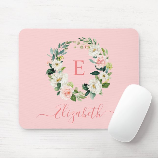 Tapis De Souris Elégante aquarelle rose blanc monogramme floral (Avec souris)
