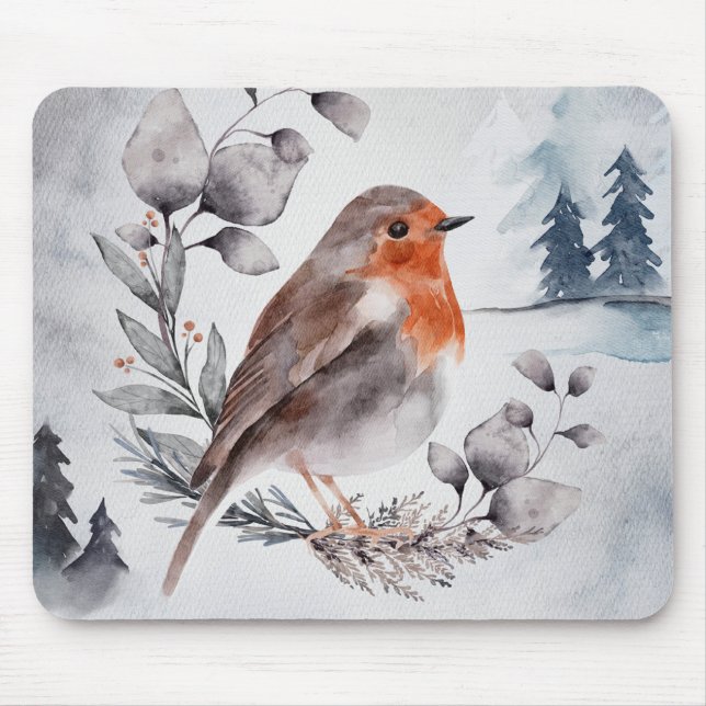 Tapis De Souris Elégante aquarelle Winter American Robin (Devant)