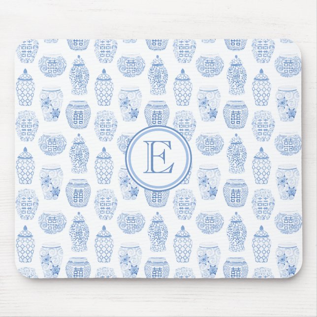 Tapis De Souris Élégante Femme Bleu Et Blanc Ginger Jar Monogramme (Devant)