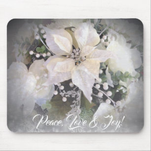 Tapis De Souris Elégante Poinsettia de Noël Blanc & Argent