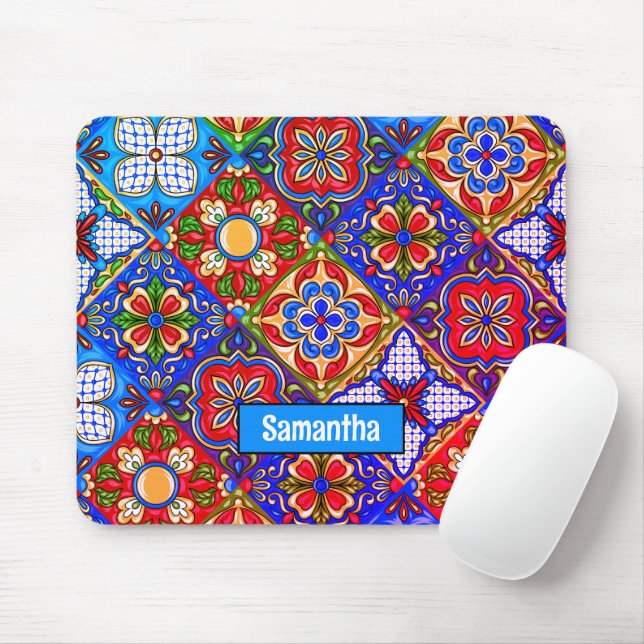 Tapis De Souris Elégante talavera mexicaine carrelage bleu violet  (Avec souris)