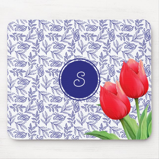 Tapis De Souris Élégantes Tulipes Rouges Printemps Floral Blue Mon (Devant)