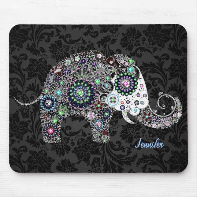 Tapis De Souris Eléphant et Diamants Floraux Retro colorés 2 (Devant)