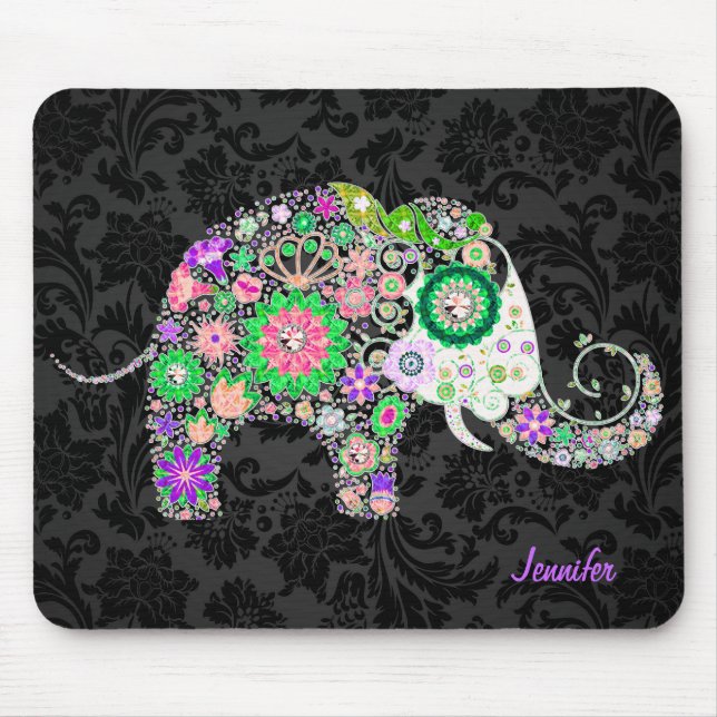 Tapis De Souris Eléphant et Diamants Floraux Retro colorés 3 (Devant)