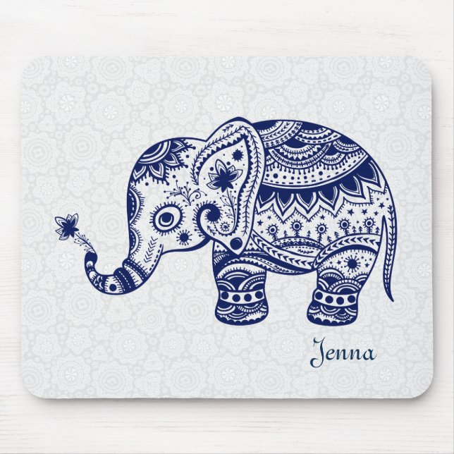 Tapis De Souris Eléphant floral mignon en bleu marine (Devant)