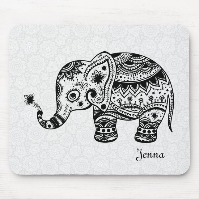 Tapis De Souris Eléphant floral mou en noir (Devant)