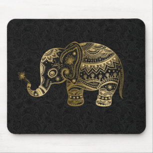 Tapis De Souris Eléphant Floral Or Arrière - plan noir