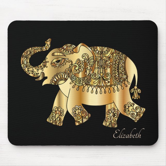 Tapis De Souris Eléphant Floral Paisley Or - Personnalisé (Devant)