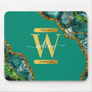 Tapis De Souris Emerald Green & Gold Agate Geode Glitter Monogram