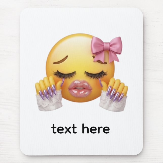 Tapis De Souris Émoji Sassy qui rougit avec un nœud rose et des on (Devant)